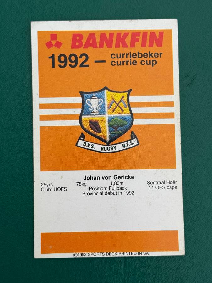 Rugby Card - Eben von Gericke 1992 Sports Deck Rugby Card Nr111