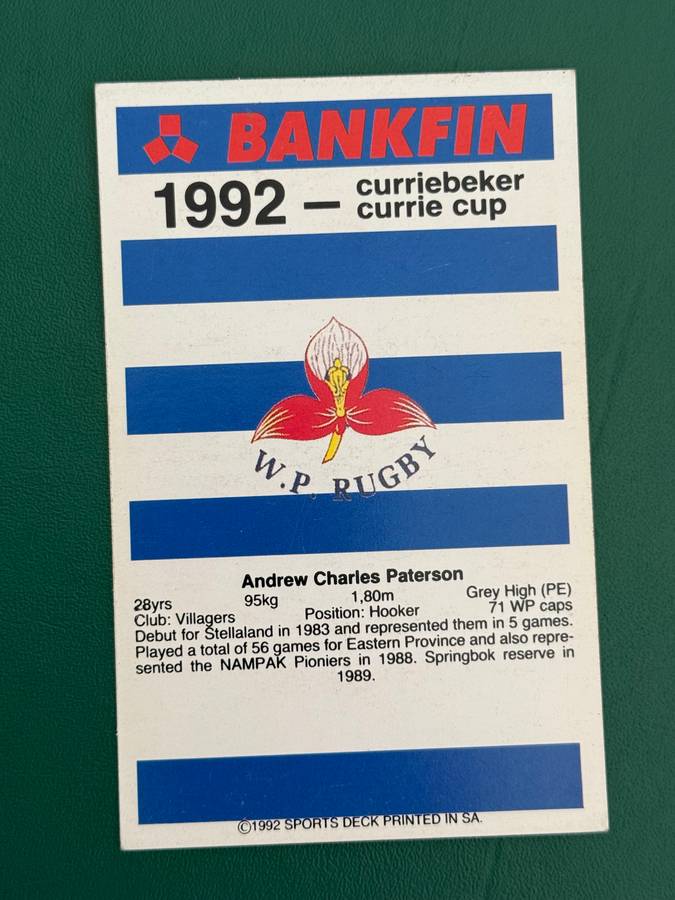 Rugby Card - Andrew Paterson 1992 Sports Deck Rugby Card Nr91