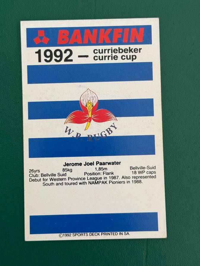 Rugby Card - Jerome Paarwater 1992 Sports Deck Rugby Card Nr93