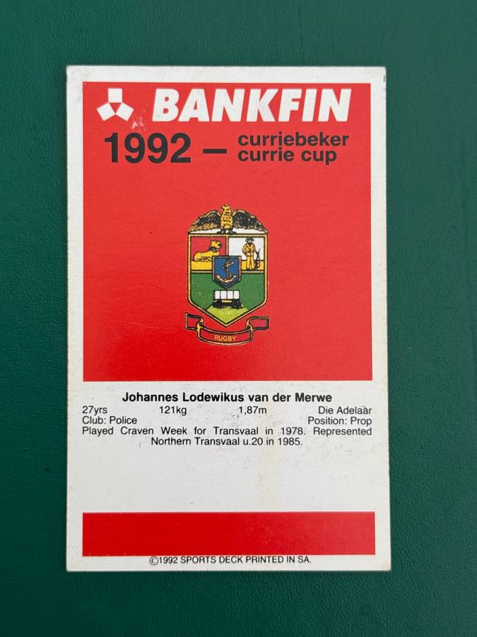Rugby Card - Bongo van der Merwe 1992 Sports Deck Rugby Card Nr96