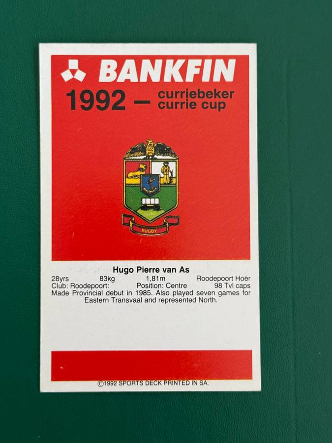 Rugby Card - Hugo van As 1992 Sports Deck Rugby Card Nr99