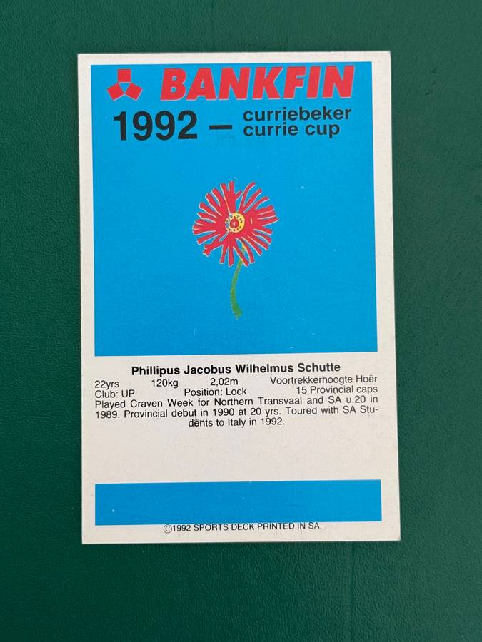 Rugby Card - Philip Schutte 1992 Sports Deck Rugby Card Nr101