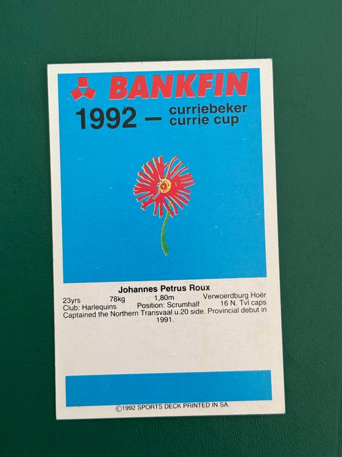 Rugby Card - Johan Roux 1992 Sports Deck Rugby Card Nr103