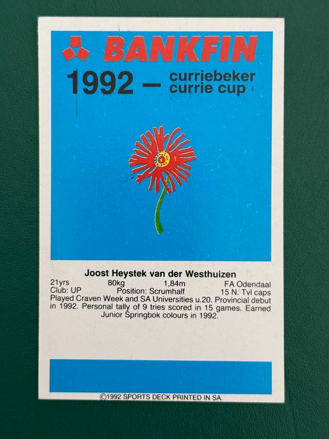 Rugby Card - Joost van der Westhuizen 1992 Sports Deck Rugby Card Nr106