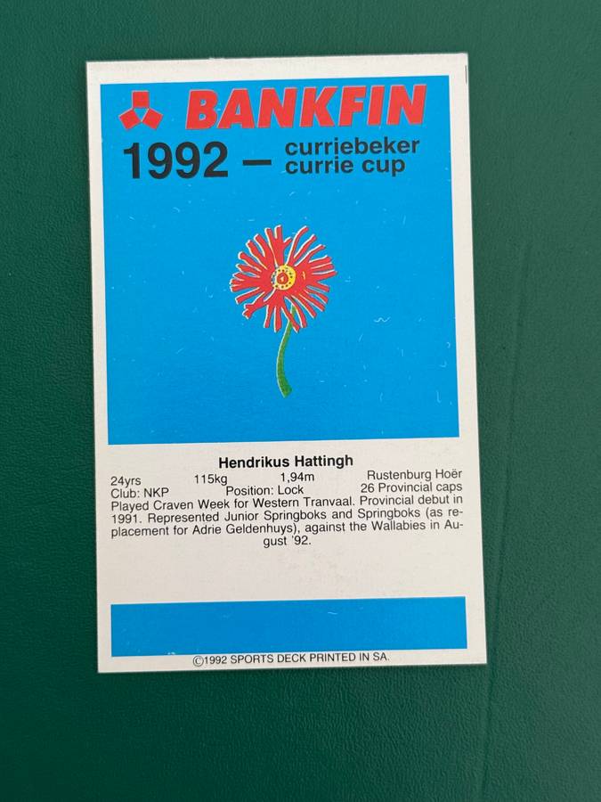 Rugby Card - Drikus Hattingh 1992 Sports Deck Rugby Card Nr108