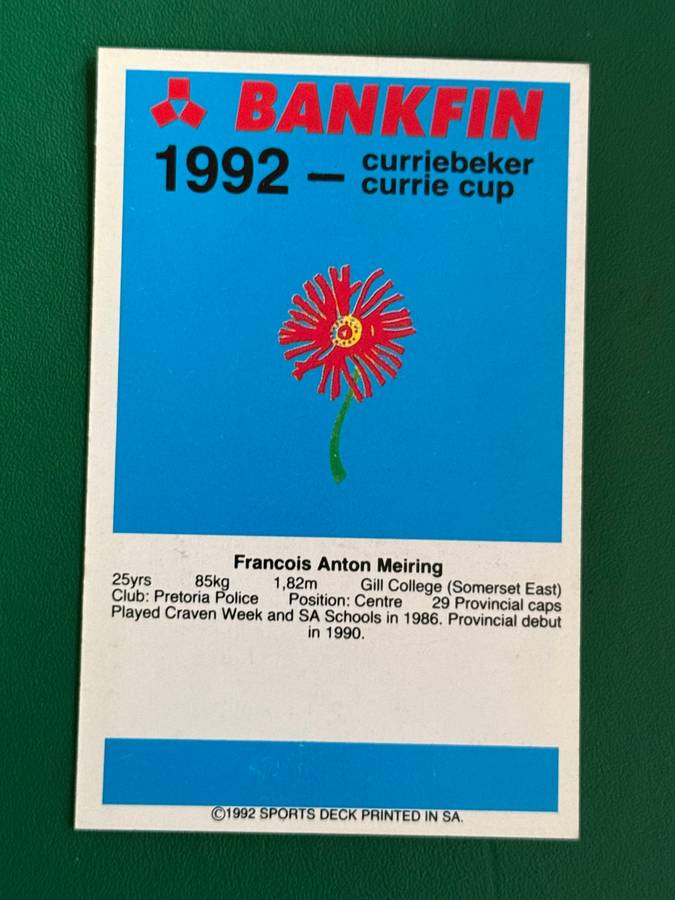 Rugby Card - FA Meiring 1992 Sports Deck Rugby Card (Nr109)