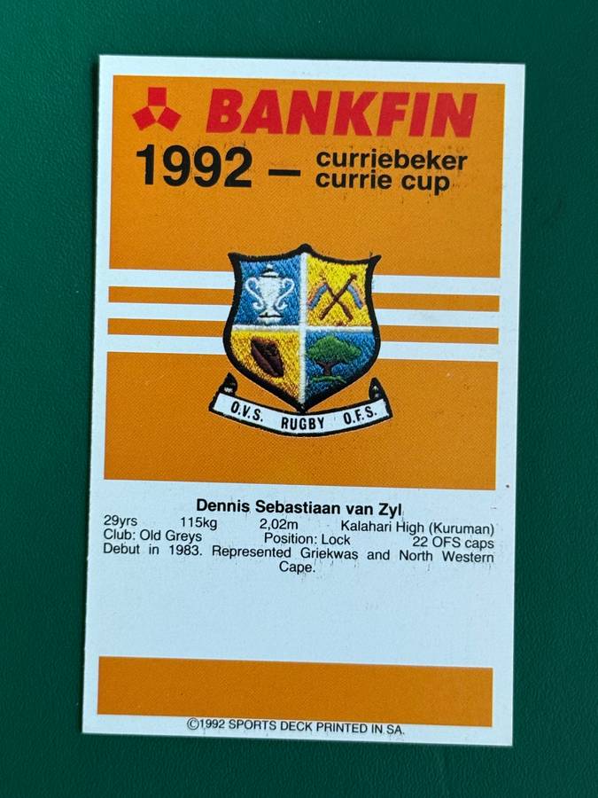 Rugby Card - Dennis van Zyl (Nr115) 1992 Sports Deck Rugby Card