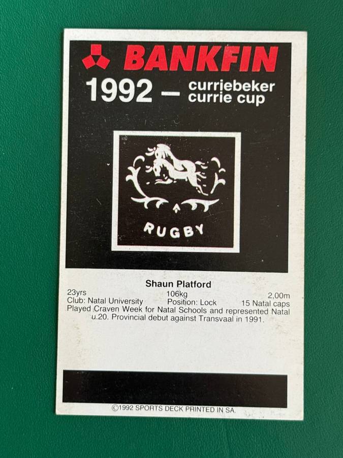 Rugby Card - Shaun Platford 1992 Sports Deck Rugby Card (Nr118)