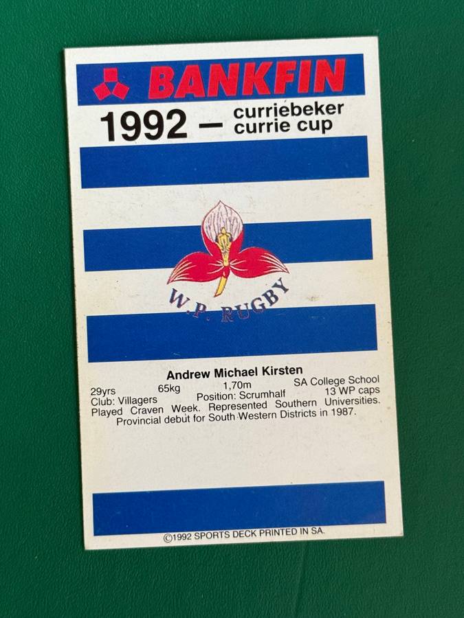 Rugby Card - Andrew Kirsten 1992 Sports Deck Rugby Card (Nr124)