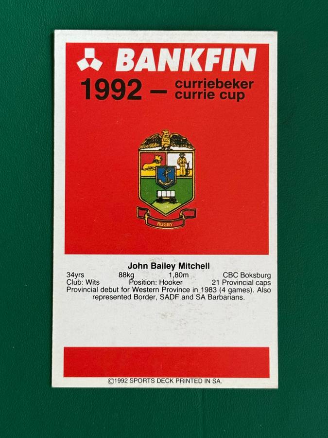 Rugby Card - John Mitchell 1992 Sports Deck Rugby Card (Nr125)