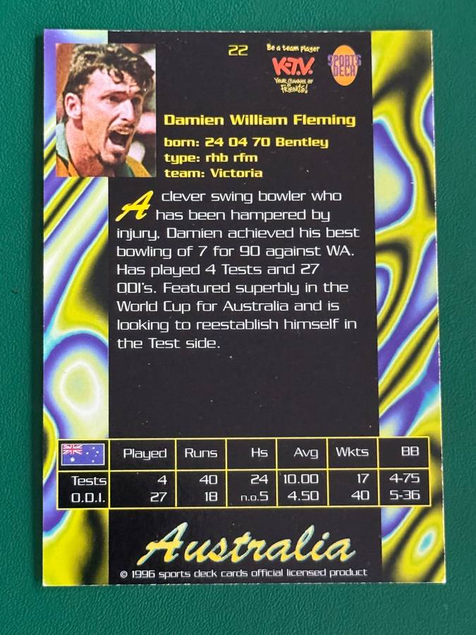Cricket Card - Damien Flemming 1996 Sports Deck Cricket Card