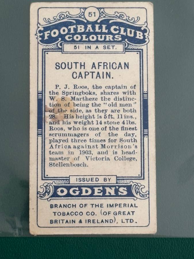 Rugby Card - 1906 Paul Roos Ogdens Cigarette Rugby Card