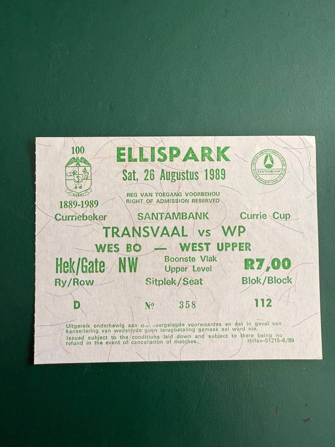 Rugby Ticket - Transvaal vs Western-Province 26/08/1989