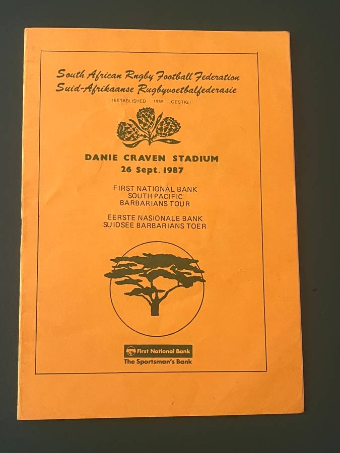 Rugby Programme - Proteas vs South-Pacific Barbarians 26/09/1987