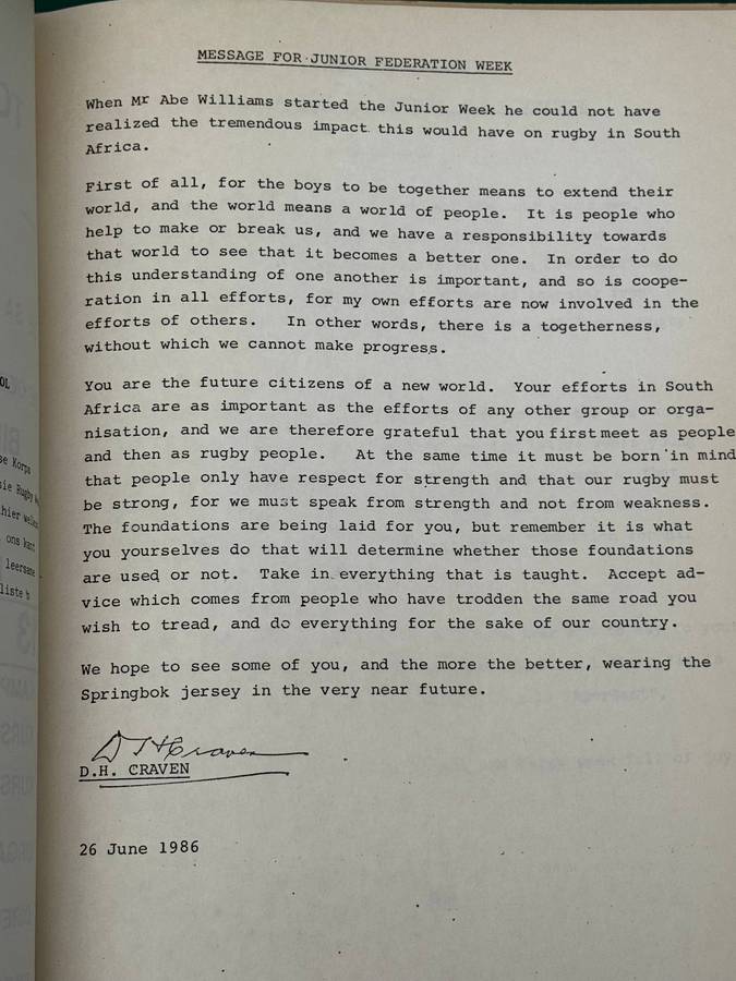 Rugby Itinerary/Programme - Toyota Junior Rugby Week (Cape Corps School) 1986