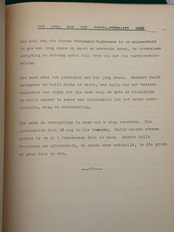 Rugby Itinerary/Programme - Toyota Junior Rugby Week (Cape Corps School) 1986