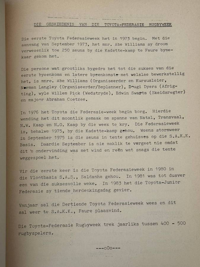 Rugby Itinerary/Programme - Toyota Junior Rugby Week (Cape Corps School) 1986