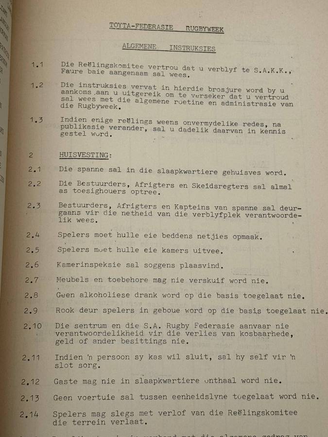 Rugby Itinerary/Programme - Toyota Junior Rugby Week (Cape Corps School) 1986