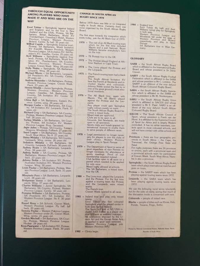 Rugby Brochure - (6 Pages) Rugby in South-Africa: The facts (Issued approx 1985)