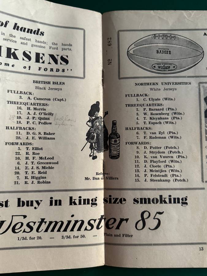 Rugby Programme - Northern Universities vs British Lions 29/06/1955
