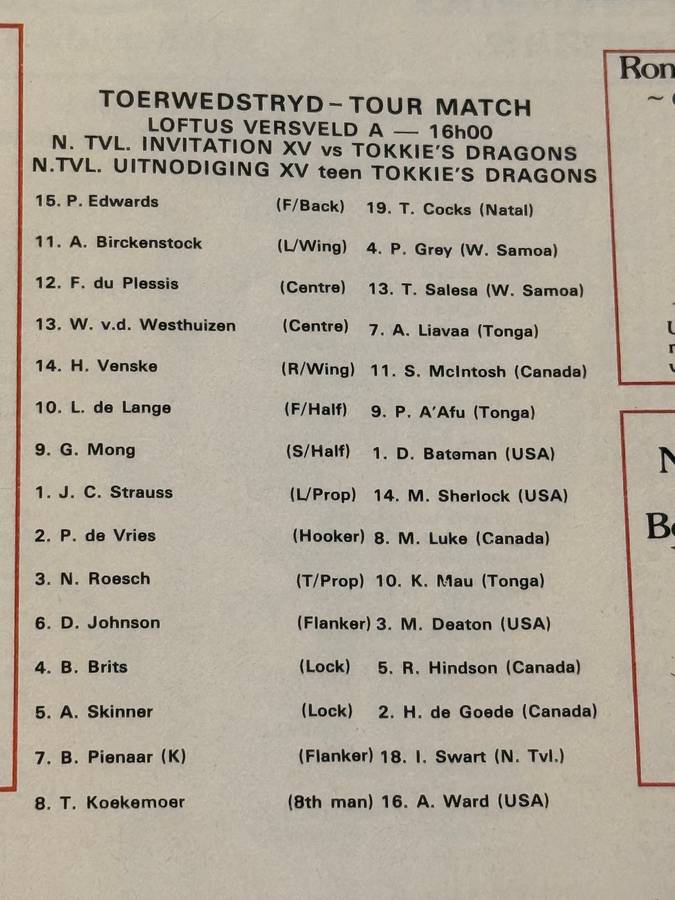 Rugby Programme - Northern-Transvaal XV vs Tokkies Dragons 11/08/1982