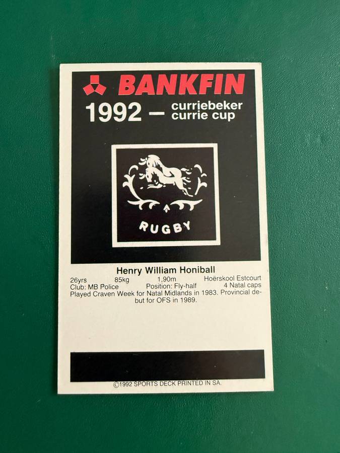 Rugby Card - Henry Honiball 1992 Sports Deck Rugby Card