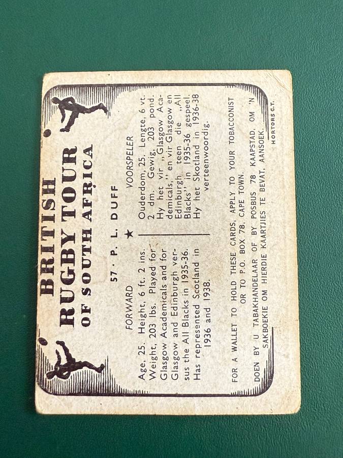Rugby Card - PL Duff United Tobacco 1938 Rugby Card