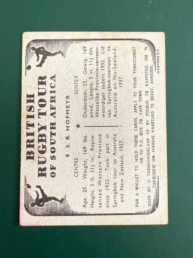 Rugby Card - SR Hofmeyr United Tobacco 1938 Rugby Card