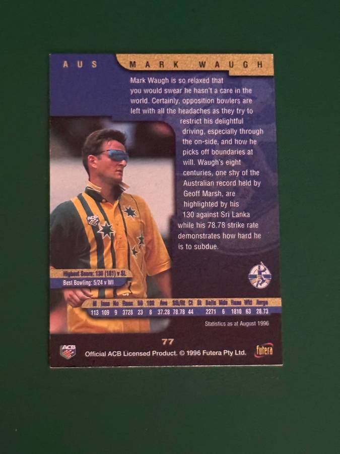 Cricket Card - *SIGNED* Mark Waugh 1996 Futera Cricket Card