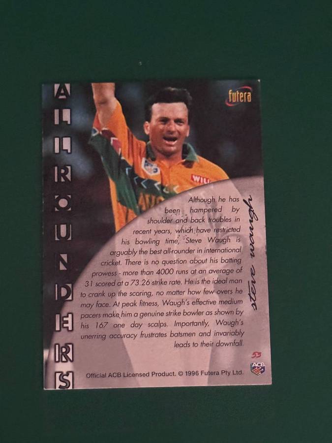 Cricket Card - *SIGNED* Steve Waugh 1996 Futera Cricket Card