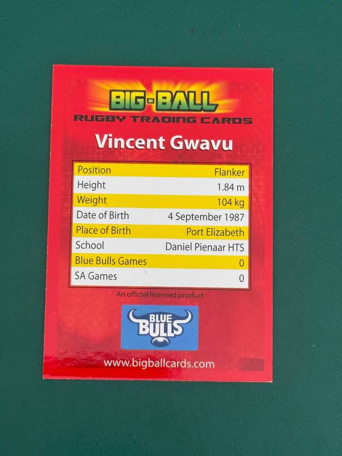 Rugby Card - *SIGNED* Vincent Gwavu 2009 Big Ball Rugby Card Rugby Card