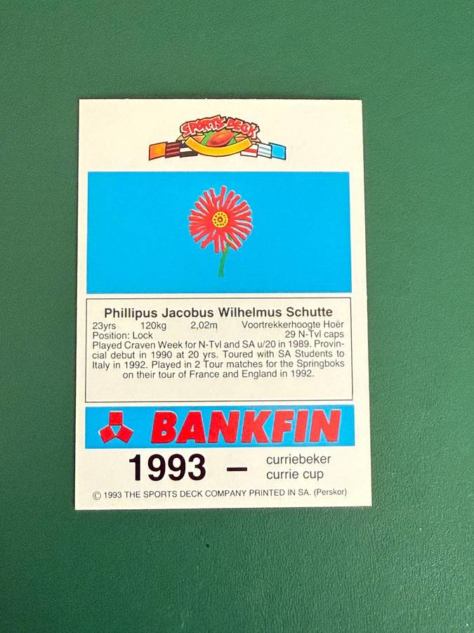 Rugby Card - Philip Schutte 1993 Sports Deck Rugby Card