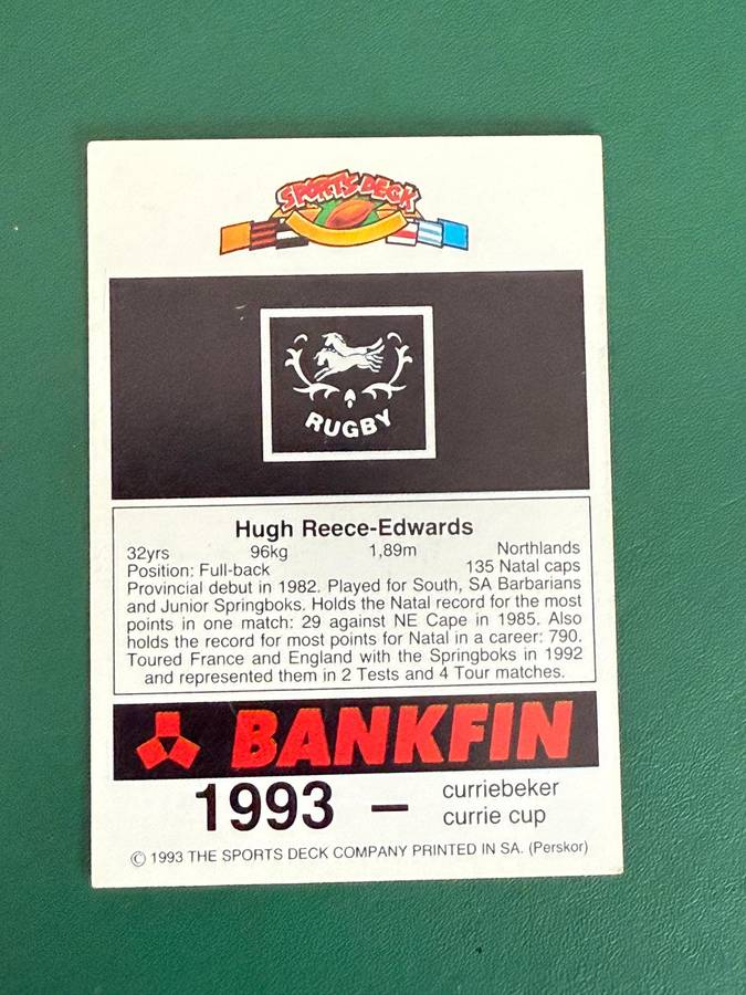 Rugby Card - Hugh Reece-Edwards 1993 Sports Deck Rugby Card