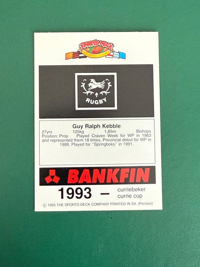 Rugby Card - Guy Kebble 1993 Sports Deck Rugby Card