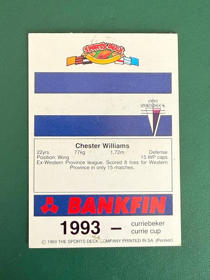 Rugby Card - Chester Williams 1993 Sports Deck Rugby Card