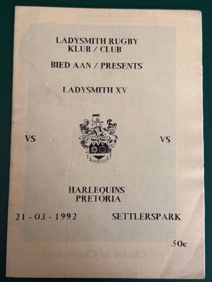 Rugby Programme - Ladysmith XV vs Harlequins (Pta) 21/03/1992