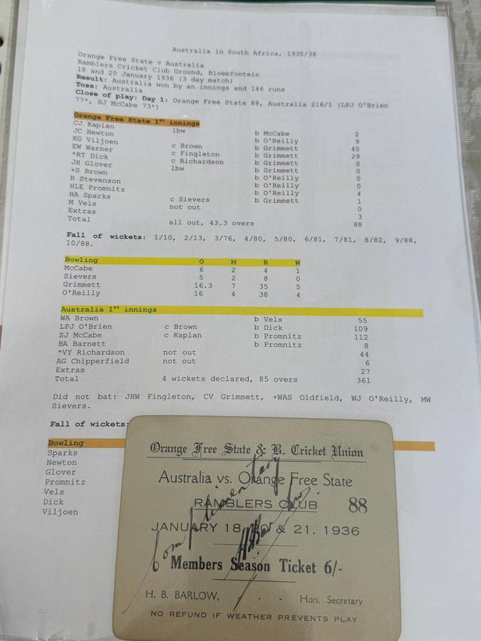 Cricket Ticket - *Tour match* Orange Free State vs Australia 18/19/20 January 1936 (Bloemfontein)
