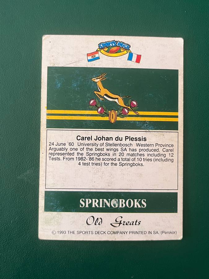 Rugby Card - Carel du Plessis 1993 Sports Deck Rugby Card