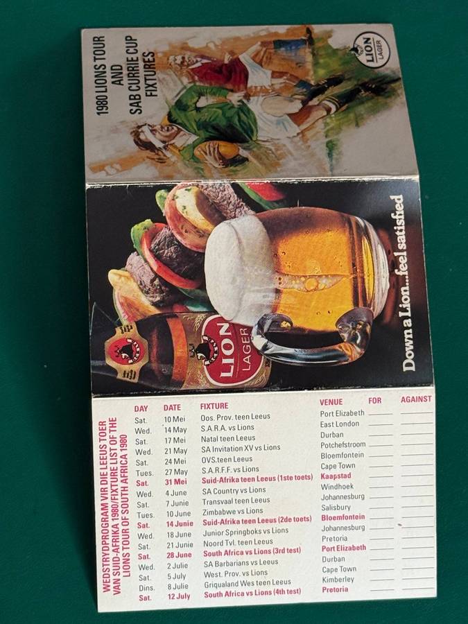 Rugby Itinerary - 1980 British Lions Tour and SA Currie Cup Fixtures issued by Lion Lager