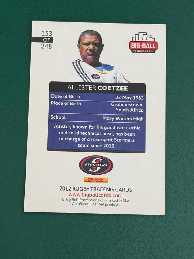 Rugby Card - *SIGNED* Allistair Coetzee 2012 Big Ball Rugby Card