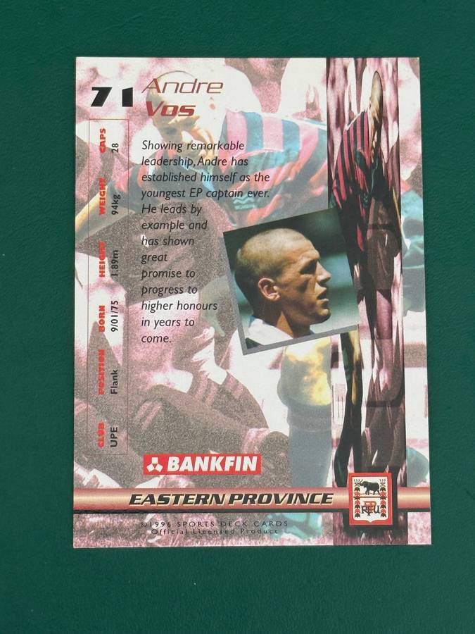 Rugby Card - *SIGNED* Andre Vos 1996 Sports Deck Rugby Card