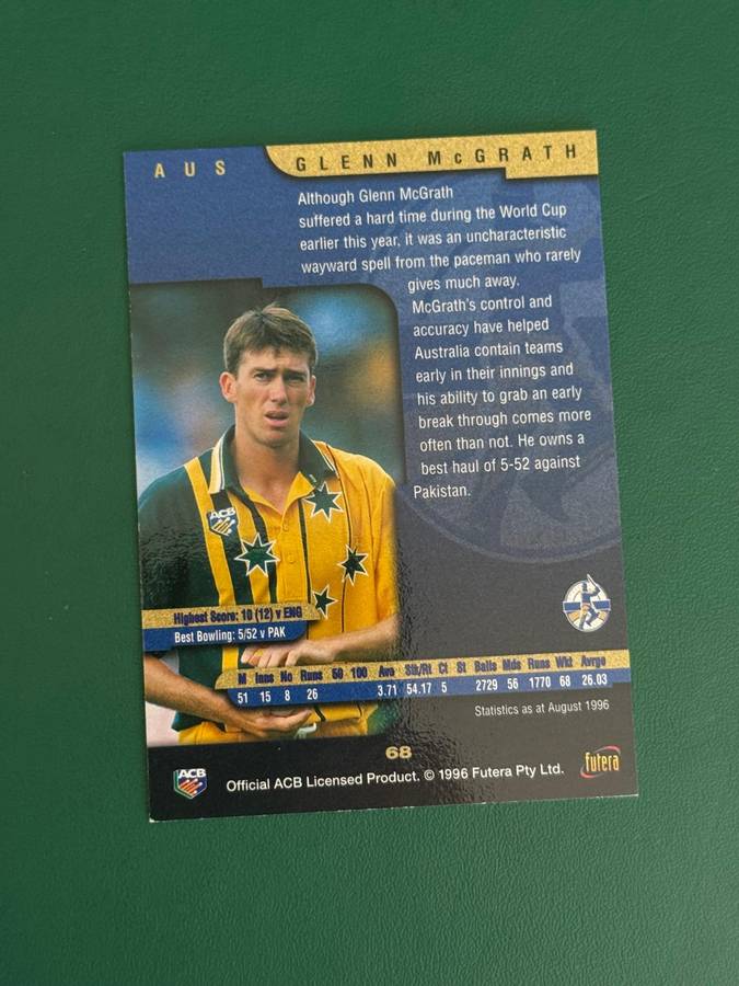 Cricket Card - *SIGNED* Glenn McGrath (Nr68) 1996 Futera Cricket Card