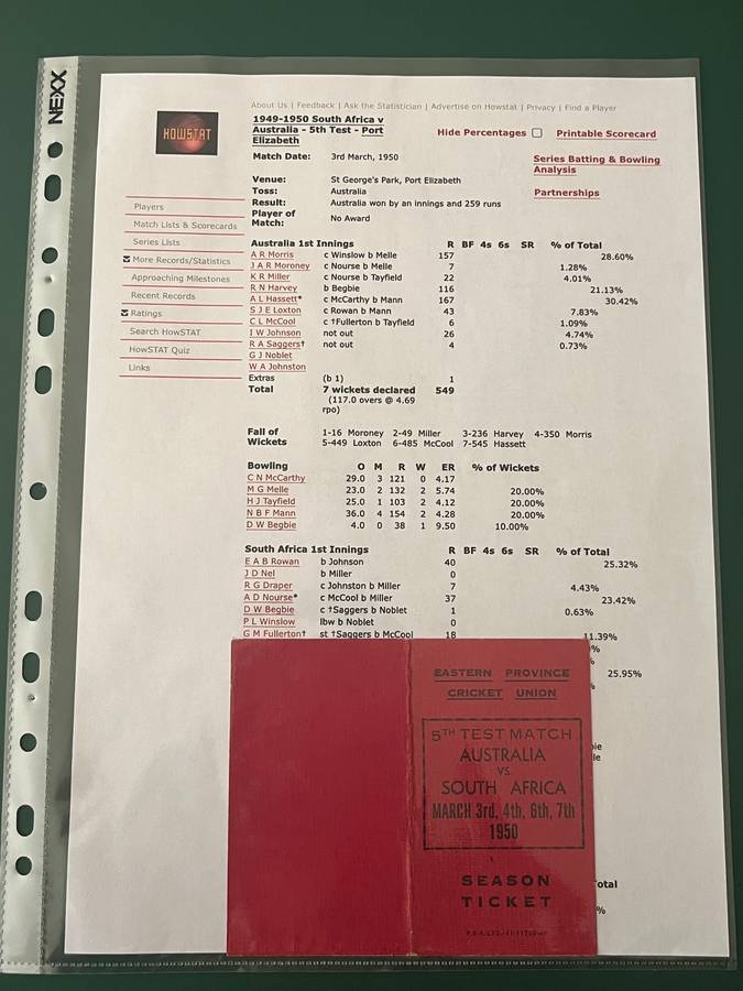 Cricket Ticket - South-Africa vs Australia 03/03/1950 (Eastern Province Season Ticket)