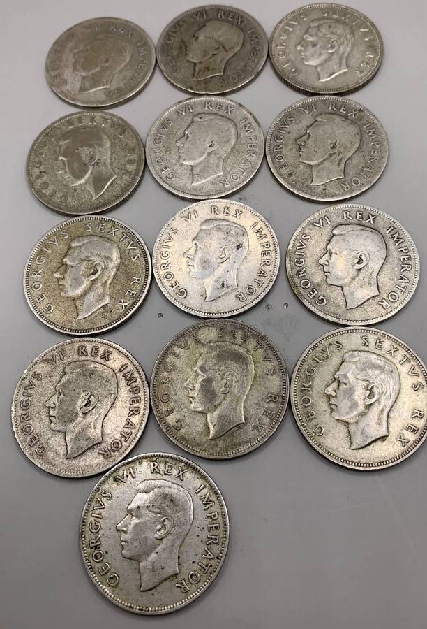 (  QUITE A BIT OF SILVER  )  13 X UNION OF SA SILVER HALF CROWNS  1937 TO 1952       ONE BID FOR ALL