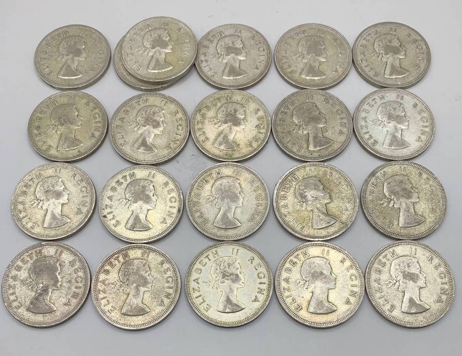 ( 4.7 OUNCES OF SILVER  )  21 X UNION OF SA SILVER HALF CROWNS  1953 TO 1958      ONE BID FOR ALL