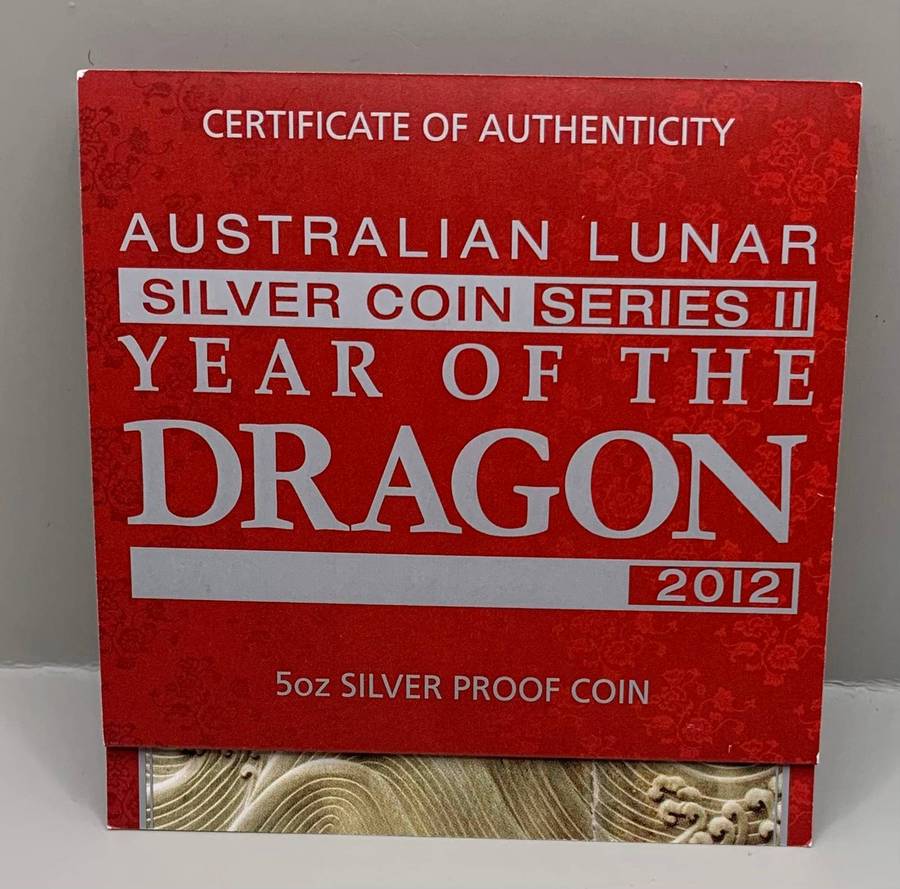 (  FIVE OUNCE )      2012  CHINESE MYTHOLOGY  DRAGON LEGENDS  PROOF SILVER  CERTIFIED