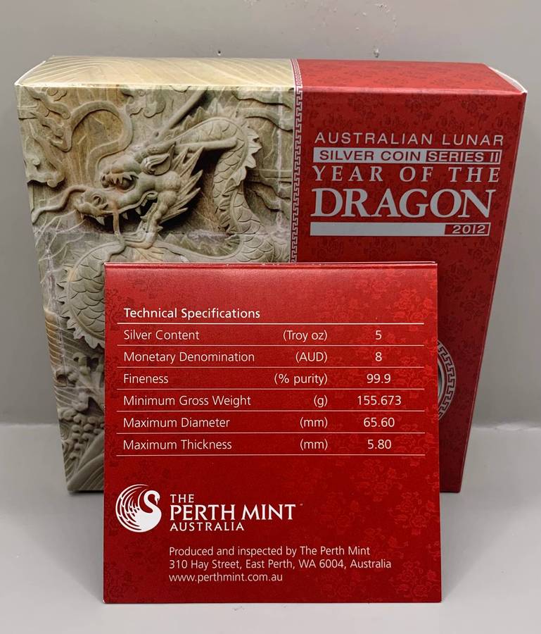 (  FIVE OUNCE )      2012  CHINESE MYTHOLOGY  DRAGON LEGENDS  PROOF SILVER  CERTIFIED