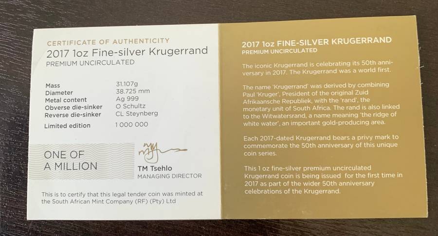 (  2017  PRIVY MARK  )   TOP MINT STATE GRADE  PU69    SILVER KRUGERRAND PLUS ORIGINAL CERT.