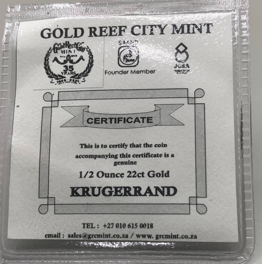 (  CERTIFIED  )    2022     1/2oz      GOLD KRUGERRAND   BULLION   SEALED