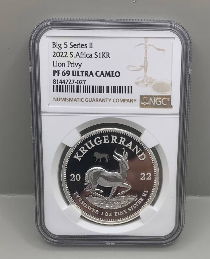 (   HIGH PROOF PRIVY GRADE BY NGC )    2022    SILVER KRUGERRAND   " LION PRIVY "   PF69